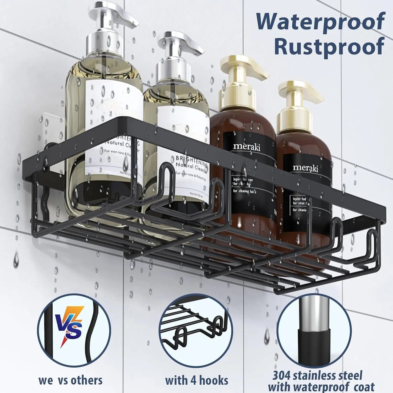 Caddy Shower Storage 5-Piece Set Self-Adhesive Stainless Steel Shelf No Drilling Required Rust-Resistant Bathroom Decor Accessories Pink Shampoo Body Wash Basket Showerhead Holder Installation Minimalist Hollow