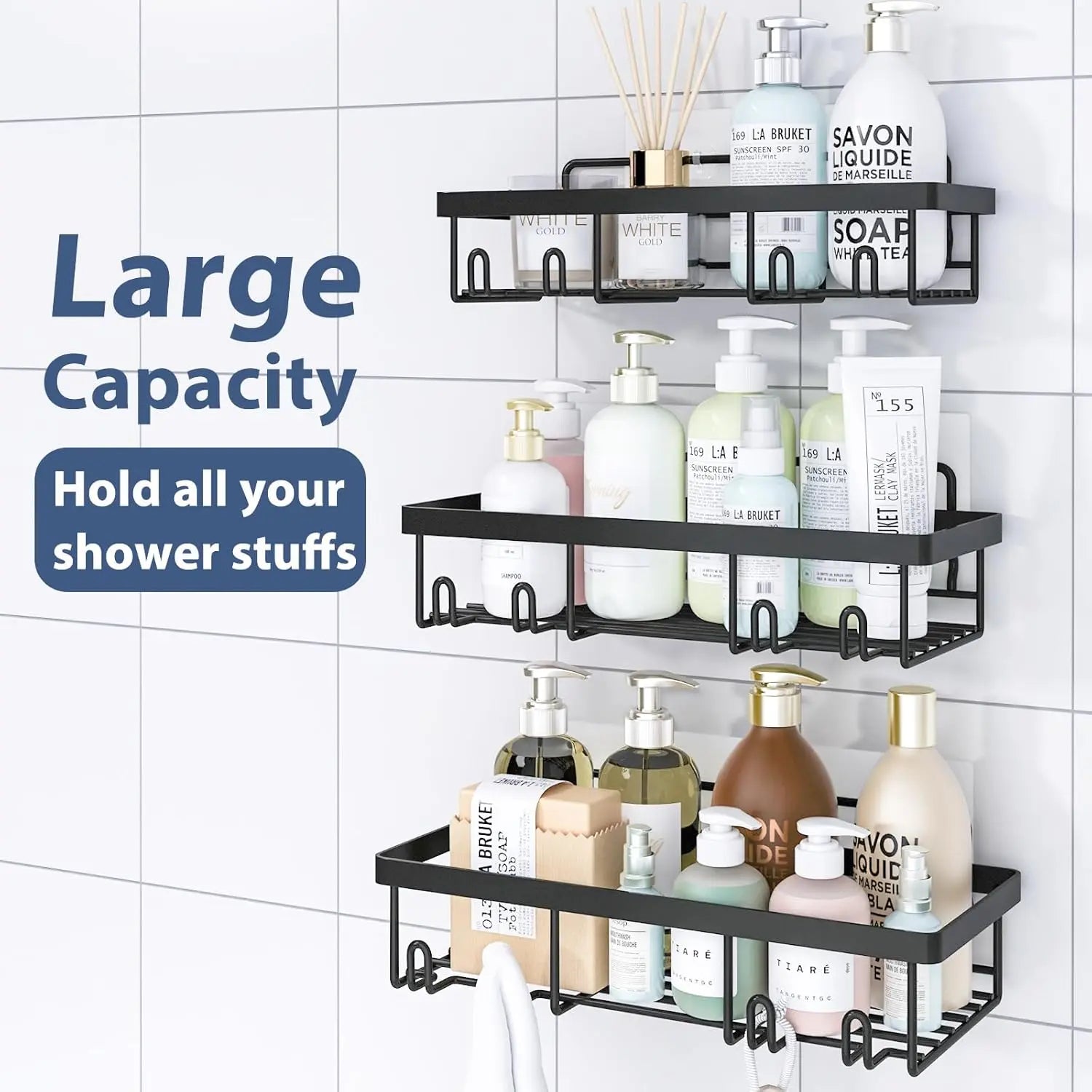 Caddy Shower Storage 5-Piece Set Self-Adhesive Stainless Steel Shelf No Drilling Required Rust-Resistant Bathroom Decor Accessories Pink Shampoo Body Wash Basket Showerhead Holder Installation Minimalist Hollow