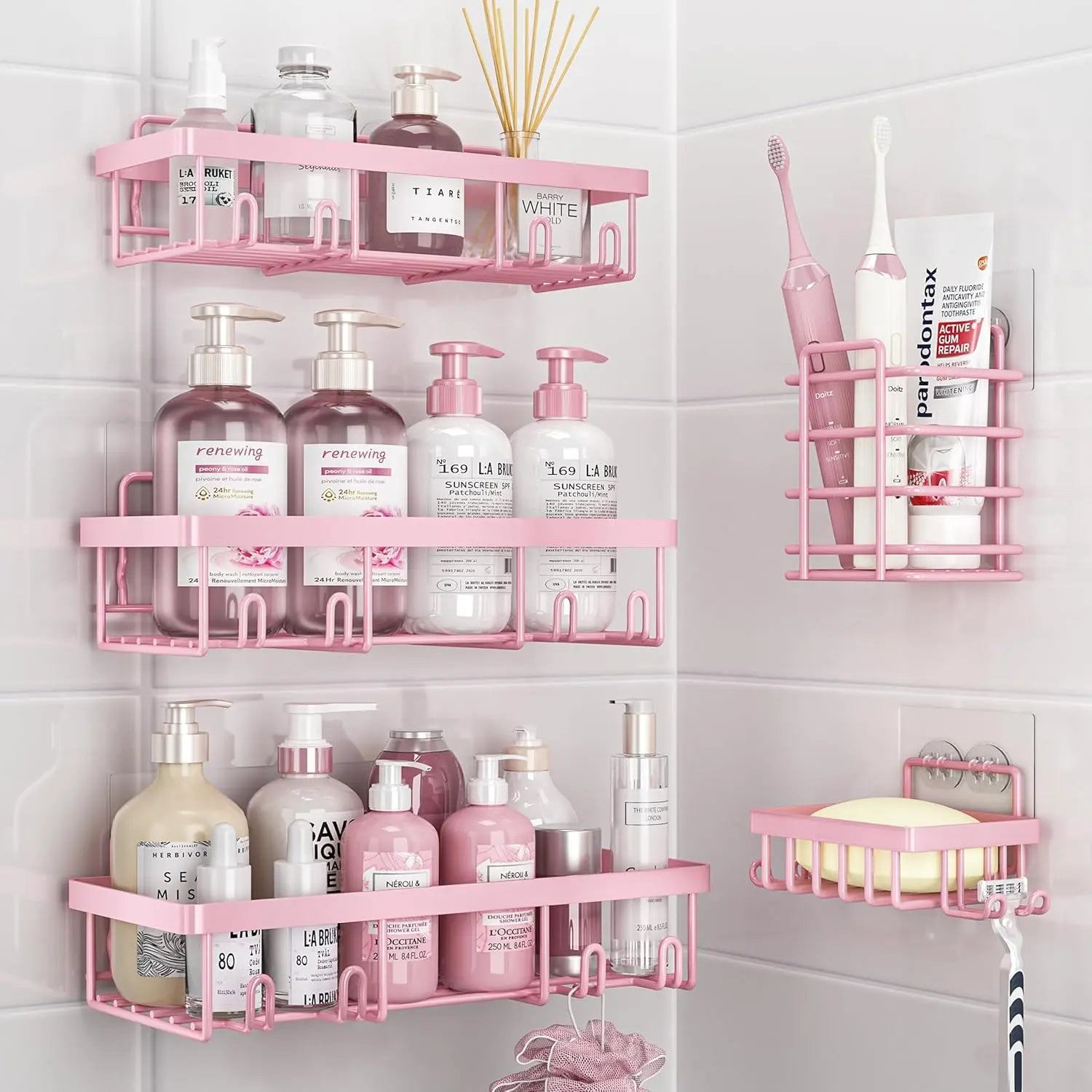 Caddy Shower Storage 5-Piece Set Self-Adhesive Stainless Steel Shelf No Drilling Required Rust-Resistant Bathroom Decor Accessories Pink Shampoo Body Wash Basket Showerhead Holder Installation Minimalist Hollow