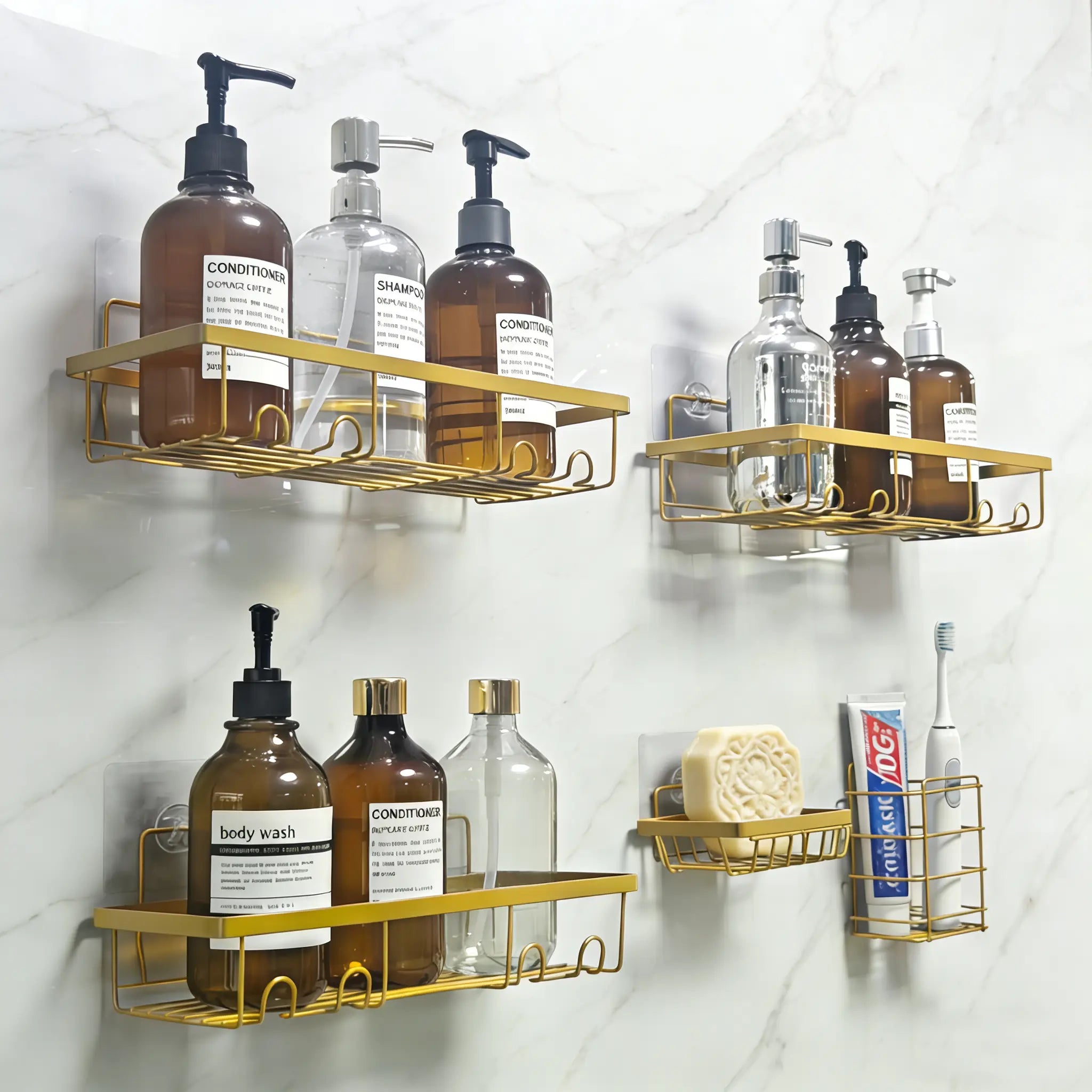 Caddy Shower Storage 5-Piece Set Self-Adhesive Stainless Steel Shelf No Drilling Required Rust-Resistant Bathroom Decor Accessories Pink Shampoo Body Wash Basket Showerhead Holder Installation Minimalist Hollow