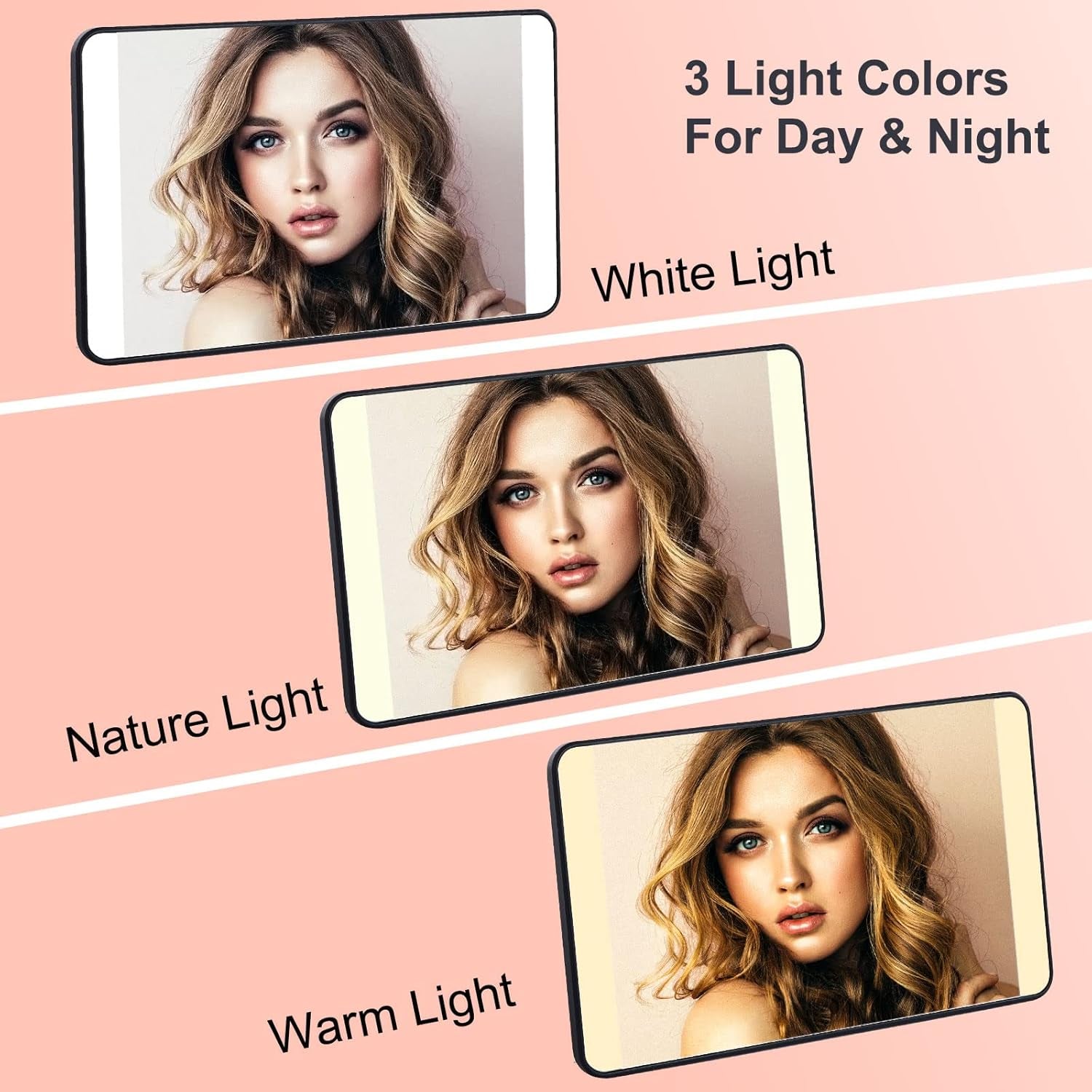 Car Visor Vanity Mirror with Lights, 90° Rotating Lighted Makeup Mirror 3 Color LED Light Modes Sun Visor Mirror Dimmable Travel Cosmetic Sunshade Mirror Small Compact Rechargeable Mirror, Black