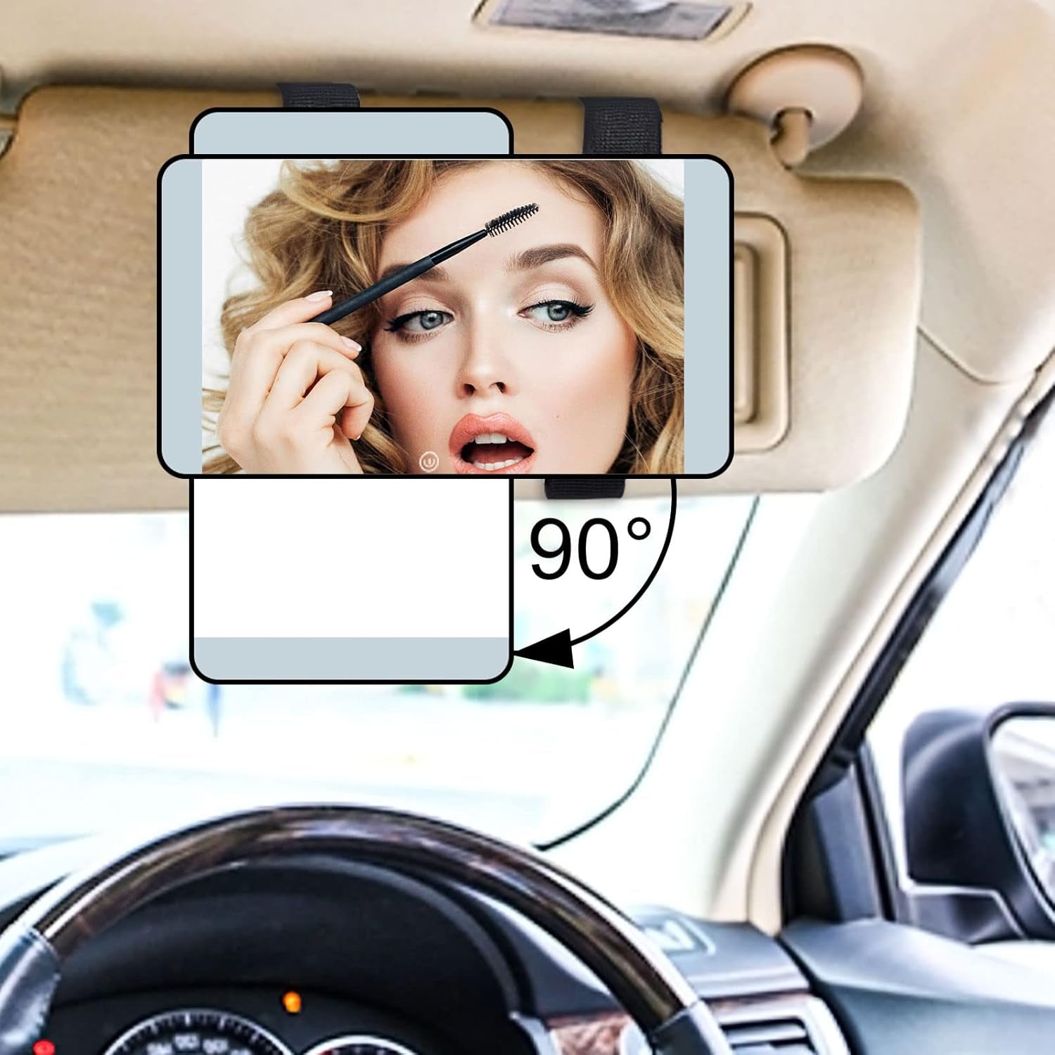 Car Visor Vanity Mirror with Lights, 90° Rotating Lighted Makeup Mirror 3 Color LED Light Modes Sun Visor Mirror Dimmable Travel Cosmetic Sunshade Mirror Small Compact Rechargeable Mirror, Black