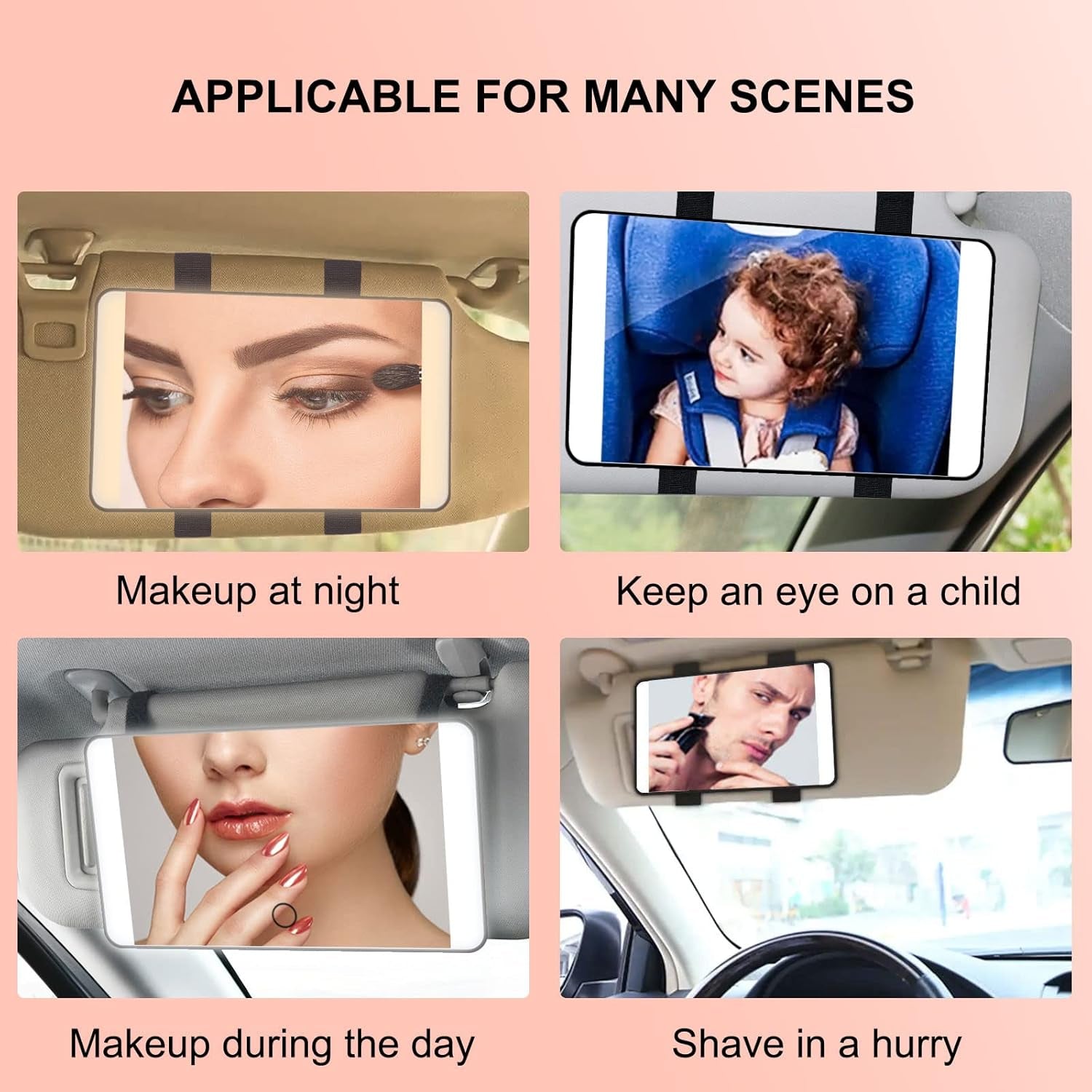 Car Visor Vanity Mirror with Lights, 90° Rotating Lighted Makeup Mirror 3 Color LED Light Modes Sun Visor Mirror Dimmable Travel Cosmetic Sunshade Mirror Small Compact Rechargeable Mirror, Black