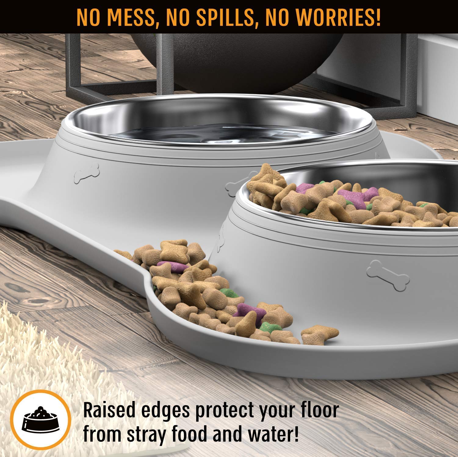 Active Pets Stainless Steel No Spill Dog Bowl Set - Mess-Proof Food & Water Bowls with Skid Resistant Mat, Small, Medium & Large Sizes
